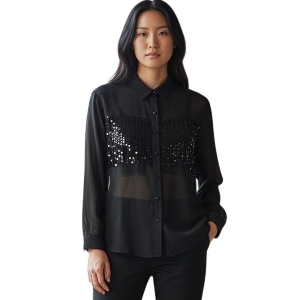 Vintage Flamingo Black Sheer Sequin Button Down Top Long Sleeve Holiday Party 70